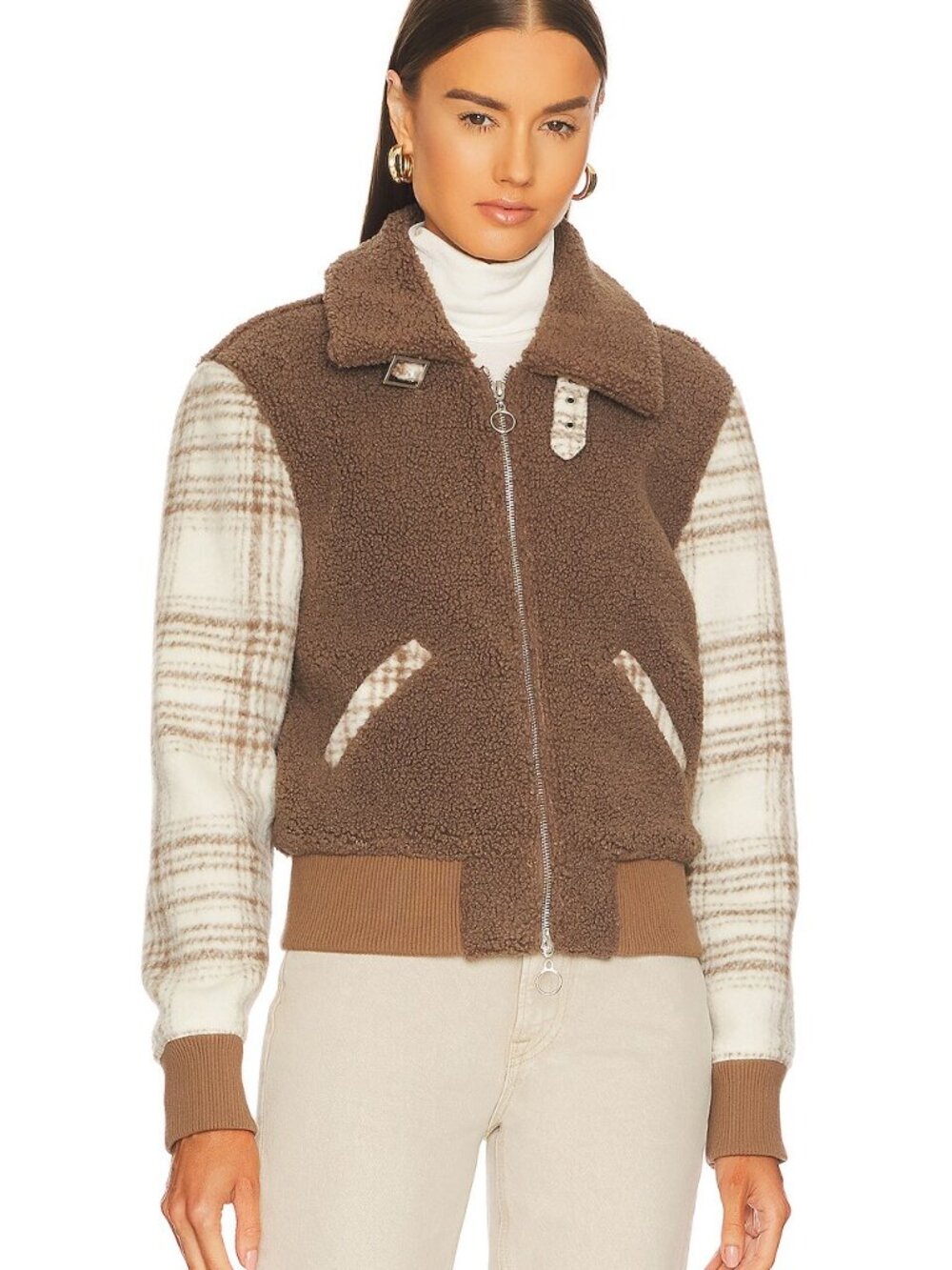 JONATHAN SIMKHAI Bobbi Bomber Jacket Luxe Brushed Wool Taupe Plaid Sherpa Coat M